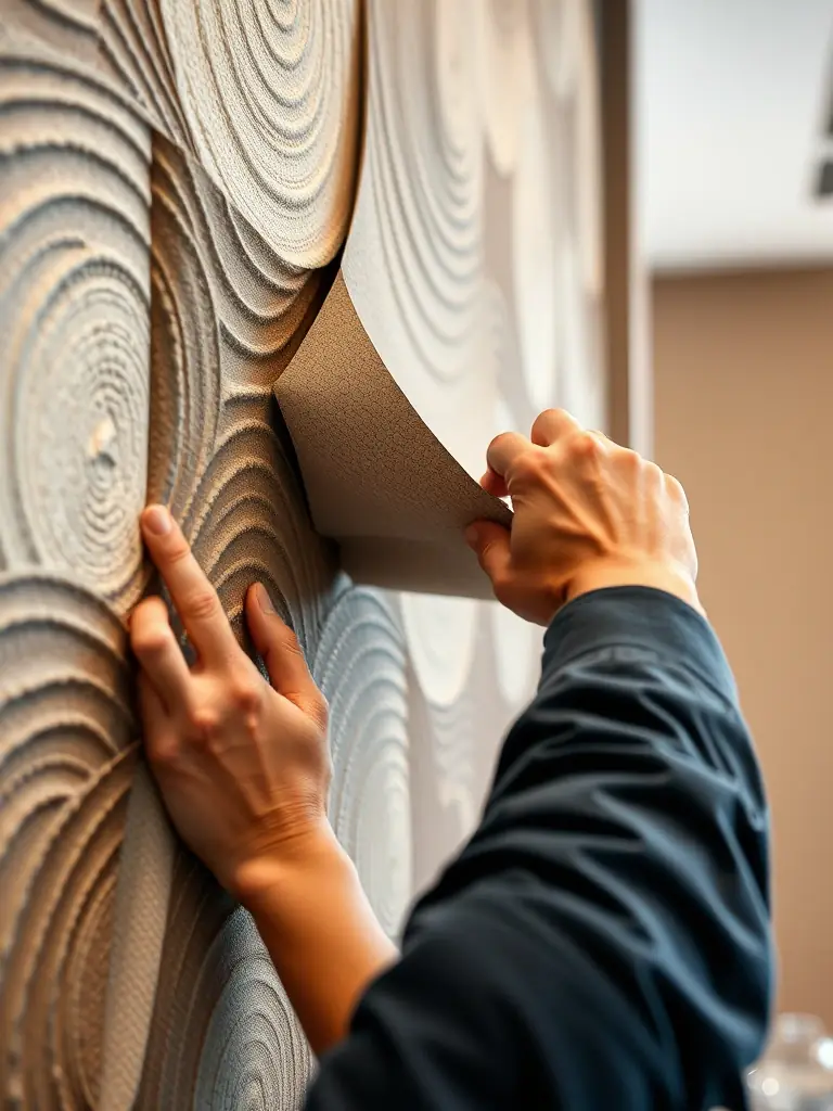 A close-up shot of textured wall coverings being applied in a stylish office space, highlighting the attention to detail in Elysia's wall covering services.