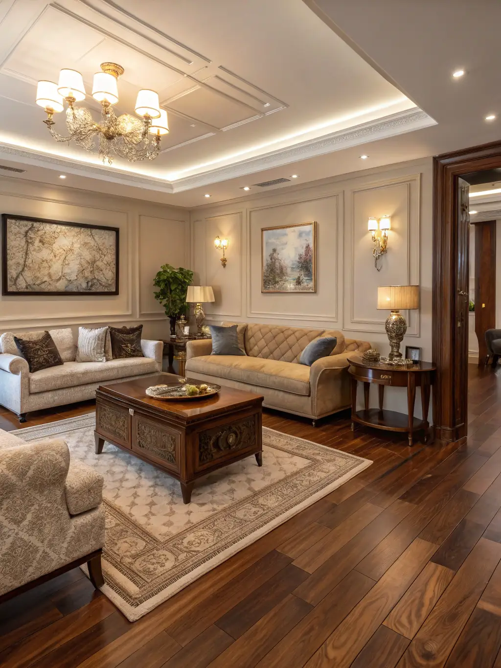A high-quality photograph showcasing a newly installed hardwood floor in a modern living room, highlighting the craftsmanship and attention to detail.