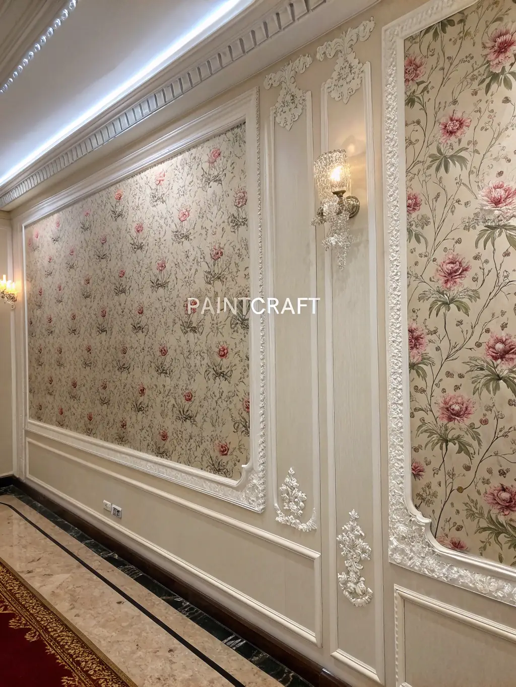 A close-up shot of textured wallpaper being applied to a wall, demonstrating the precision and skill involved in wall covering installations.