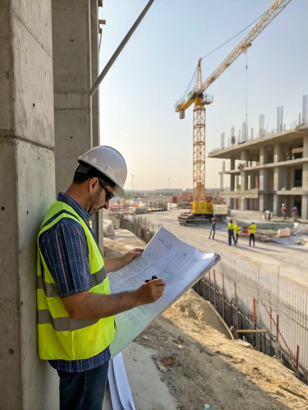 A professional engineer reviewing blueprints and conducting a site inspection, representing Elysia's commitment to thorough technical studies.