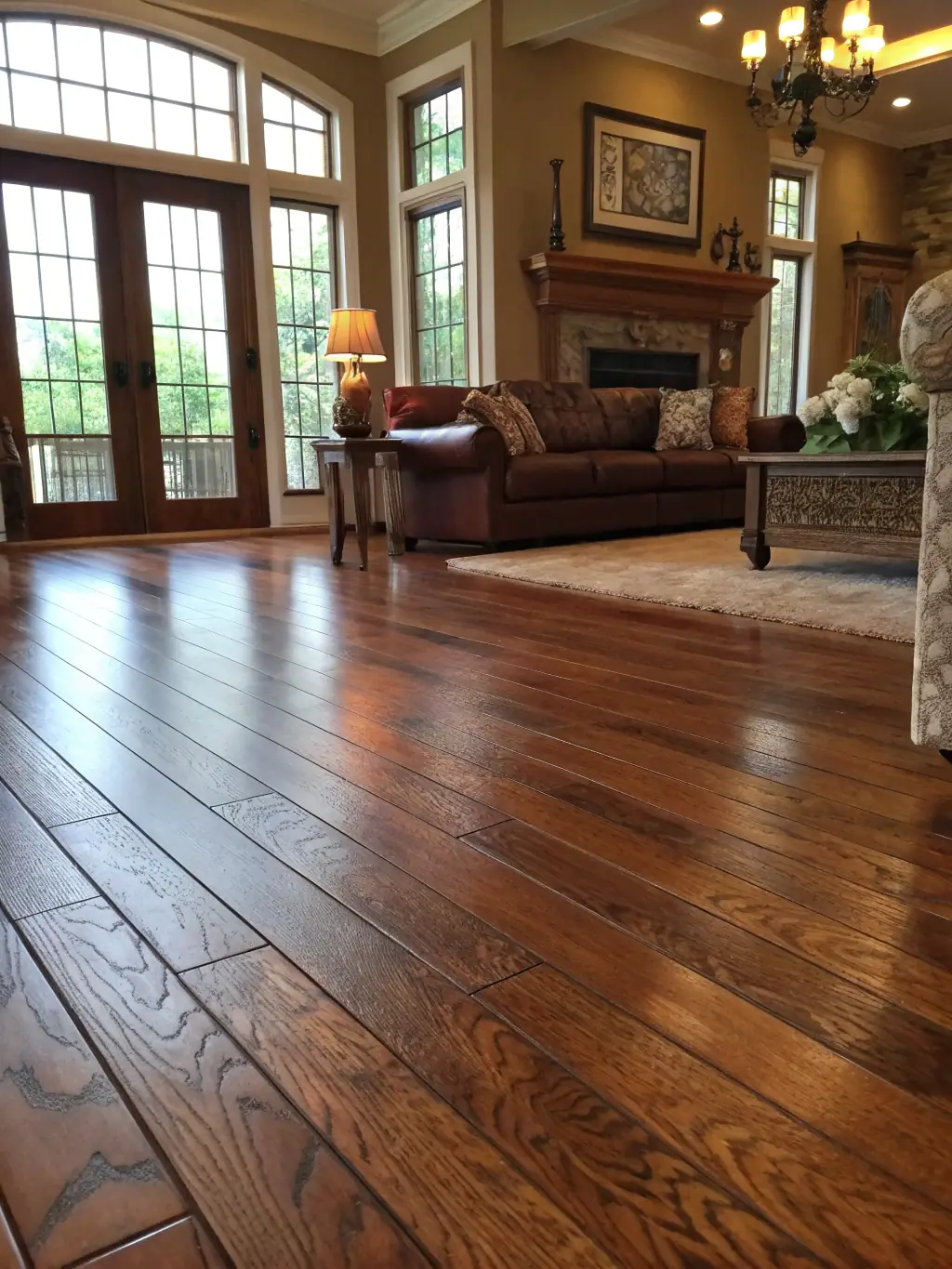 A high-angle shot of a newly installed hardwood floor in a modern living room, showcasing the quality and craftsmanship of Elysia's flooring services.